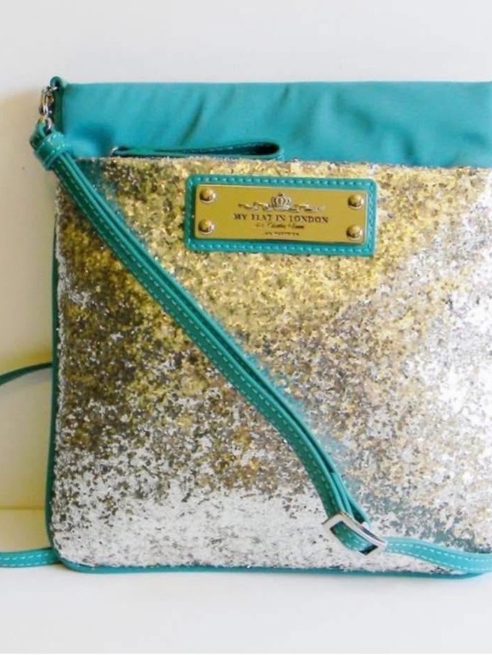 My Flat in London Turquoise and Gold Sequin Crossbody Purse